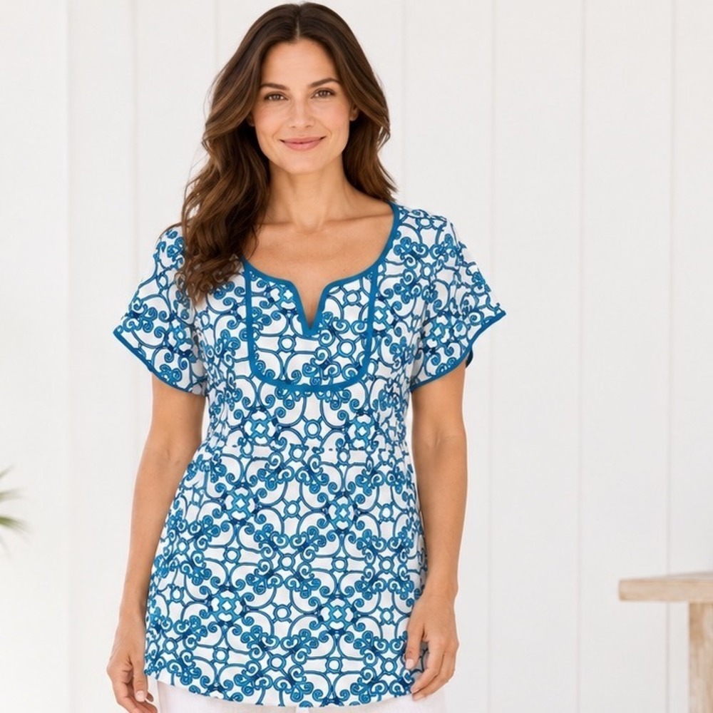 Tommy Bahama Babydoll Tunic Top M Blue White Cotton Scroll Print Short Sleeve